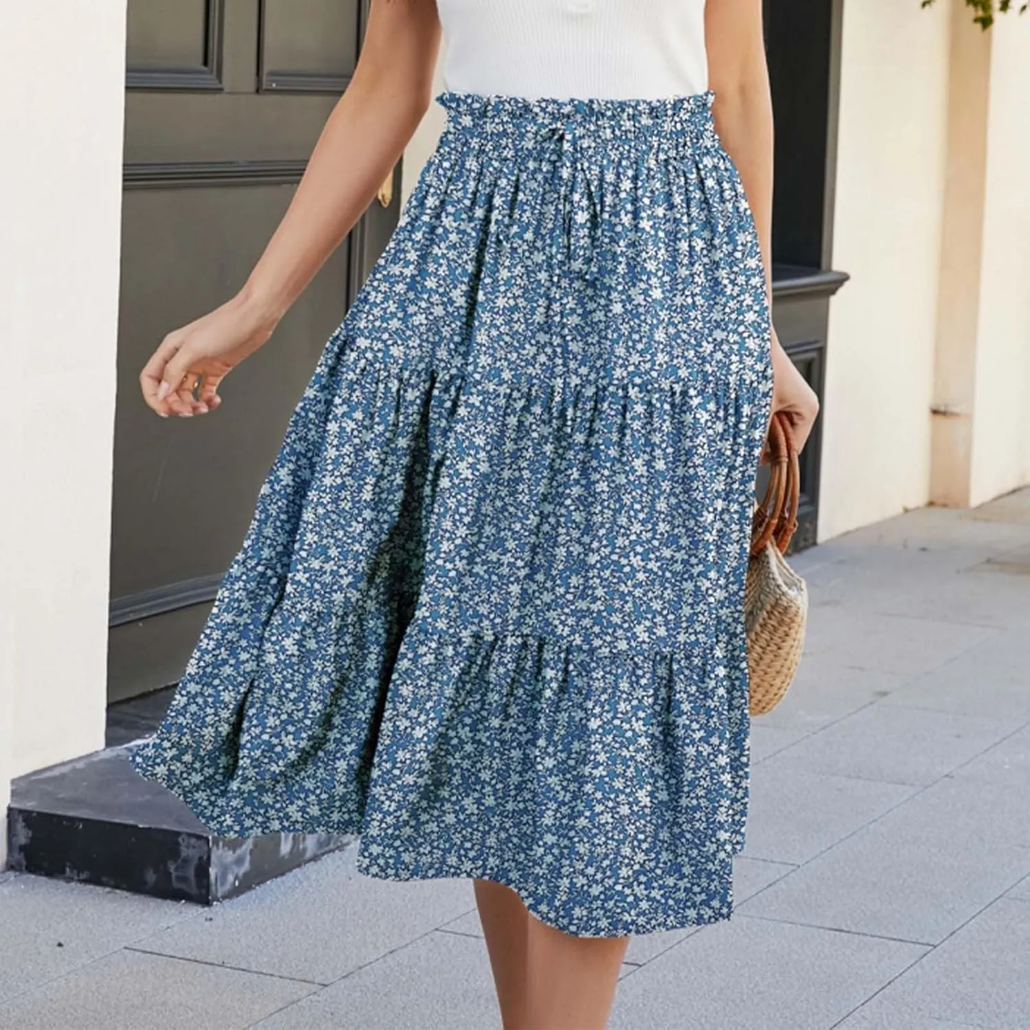 Flowy Floral Skirt for Women Summer Bohemian Tiered Ruffled Elastic High Waisted Lightweight Beach Maxi Skirts