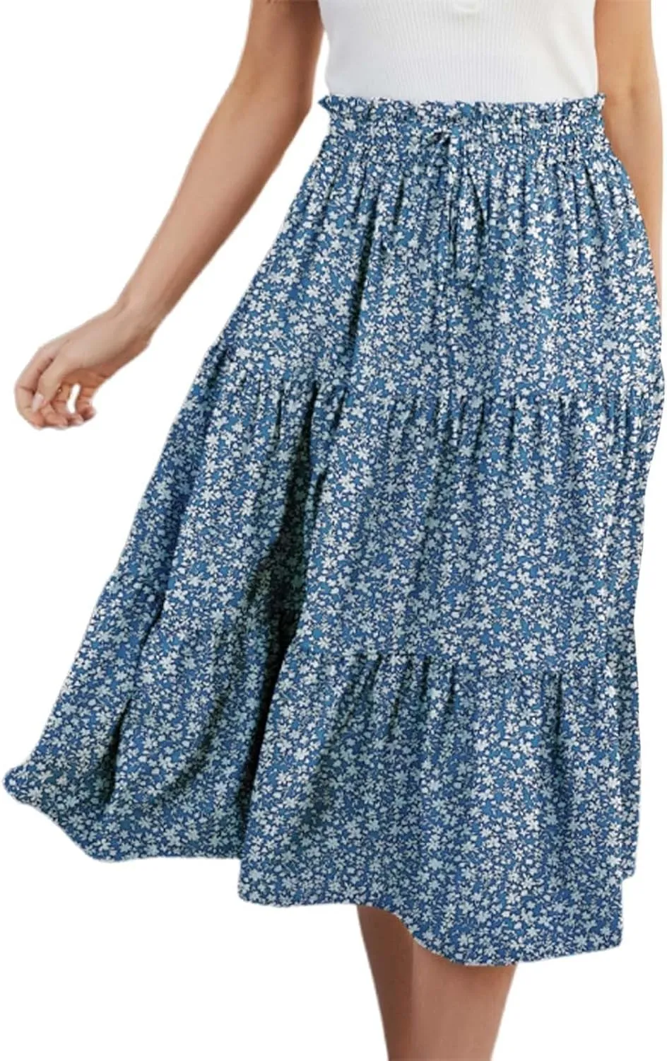 Flowy Floral Skirt for Women Summer Bohemian Tiered Ruffled Elastic High Waisted Lightweight Beach Maxi Skirts