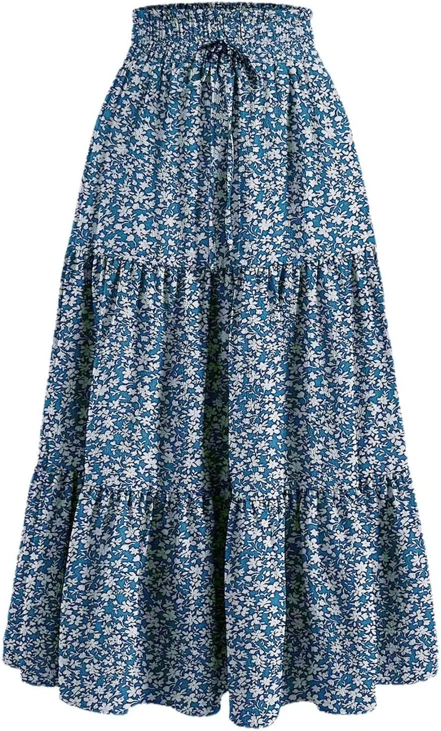 Flowy Floral Skirt for Women Summer Bohemian Tiered Ruffled Elastic High Waisted Lightweight Beach Maxi Skirts