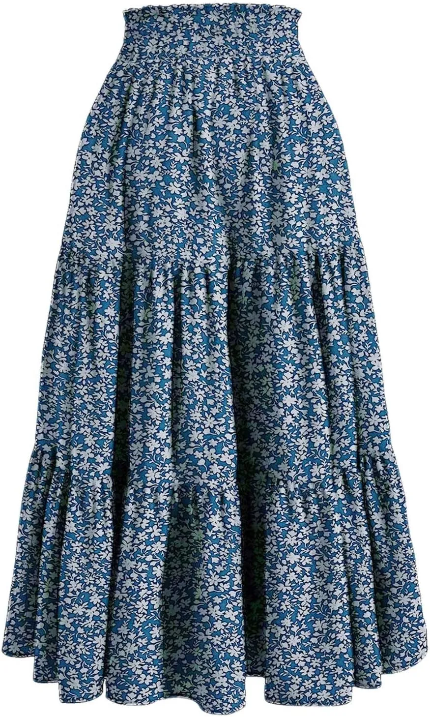 Flowy Floral Skirt for Women Summer Bohemian Tiered Ruffled Elastic High Waisted Lightweight Beach Maxi Skirts