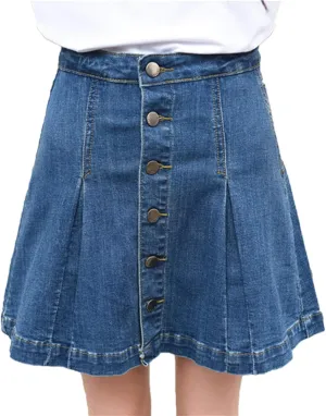 Flygo Women's Casual High Waist Button Front A-Line Pleated Denim Mini Skirt
