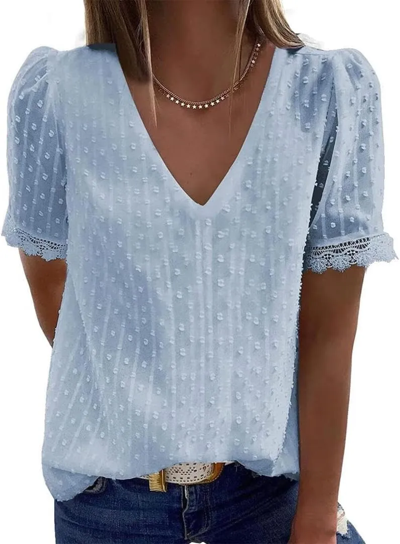 FMCHICO Women's V Neck Lace Crochet Tunic Tops Flowy Casual Blouses Shirts