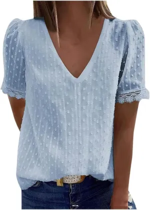FMCHICO Women's V Neck Lace Crochet Tunic Tops Flowy Casual Blouses Shirts