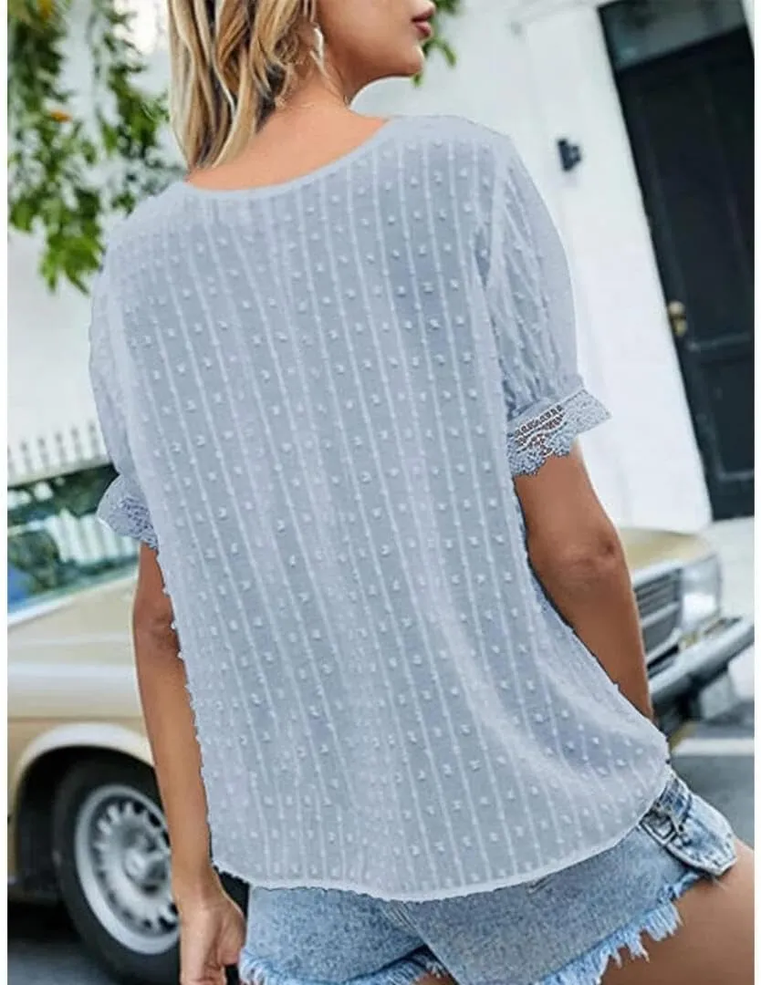 FMCHICO Women's V Neck Lace Crochet Tunic Tops Flowy Casual Blouses Shirts