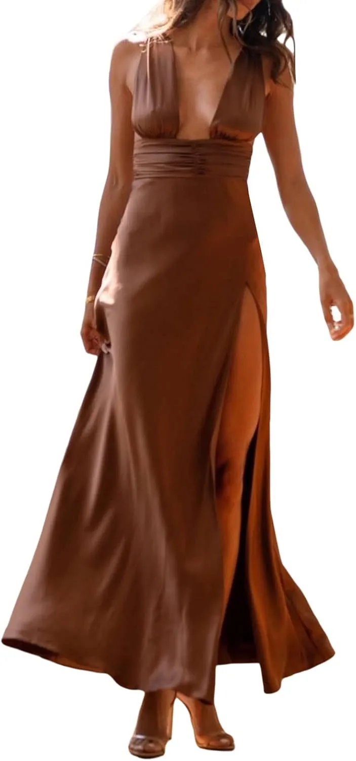 FULA-bao Women Sleeveless Slip Bodycon Maxi Dress Spaghetti Strap Satin Elegant Evening Party Long Dresses Sexy Y2K Clubwear