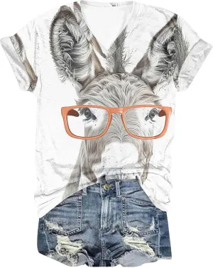 Funny Donkey Animal Graphic Tee Shirt for Women Cute Tops 2024 Summer Plus Size V Neck Short Sleeve Boyfriend Shirt