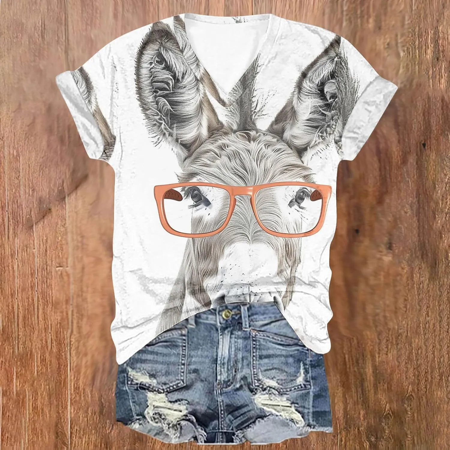 Funny Donkey Animal Graphic Tee Shirt for Women Cute Tops 2024 Summer Plus Size V Neck Short Sleeve Boyfriend Shirt