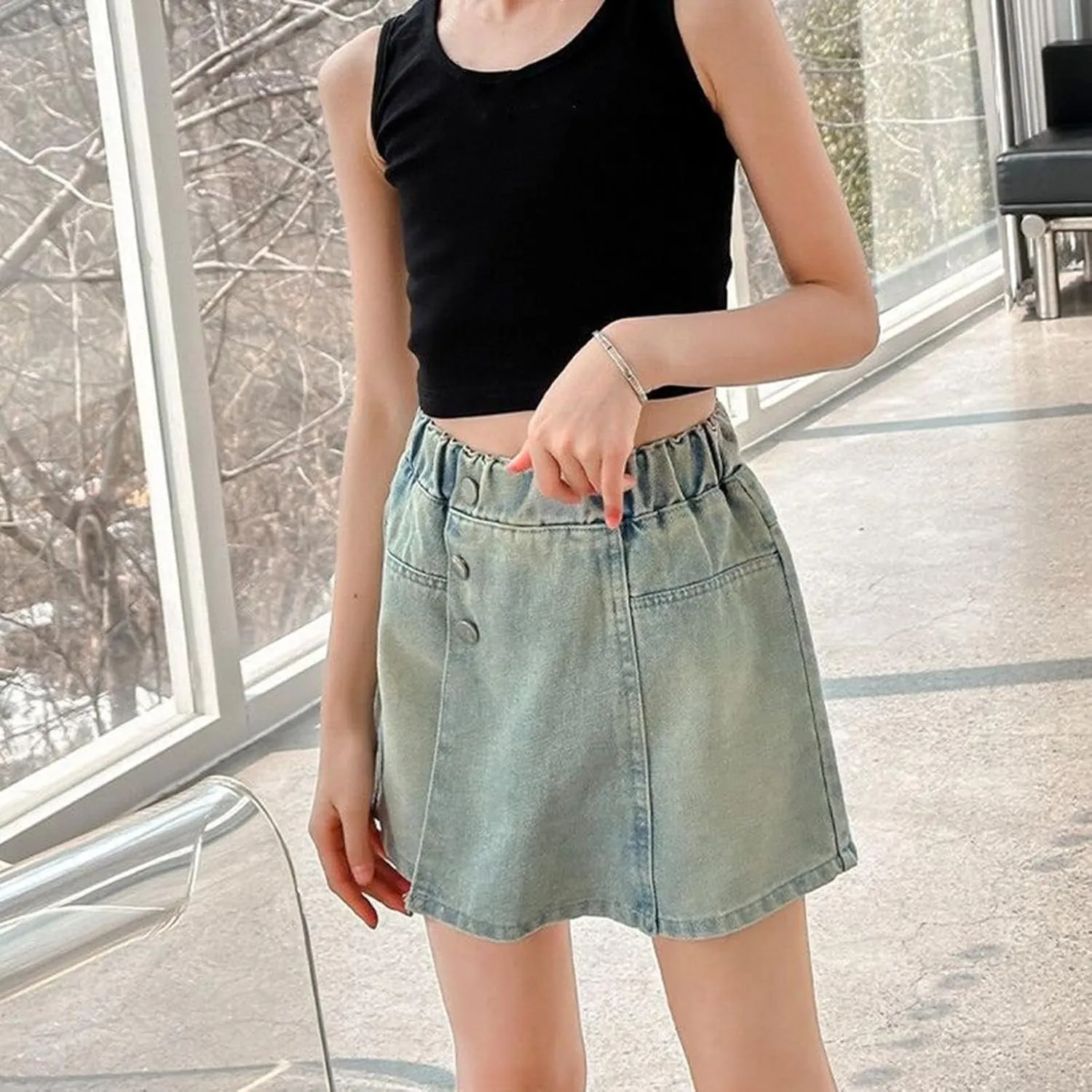 Girl's High Waisted Button Front Denim Skirt Kids Symmetrical Jean Skirts Casual Waist Leg Summer Skort for Teens