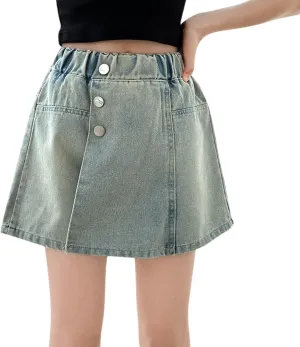 Girl's High Waisted Button Front Denim Skirt Kids Symmetrical Jean Skirts Casual Waist Leg Summer Skort for Teens