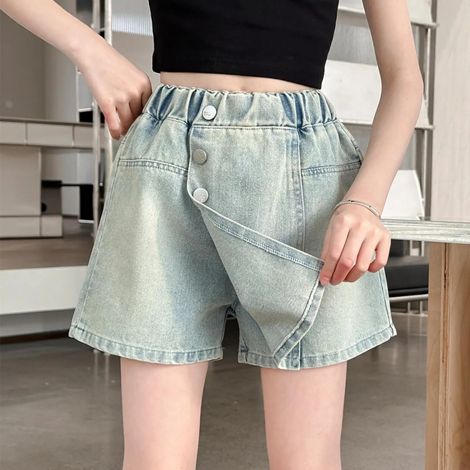 Girl's High Waisted Button Front Denim Skirt Kids Symmetrical Jean Skirts Casual Waist Leg Summer Skort for Teens