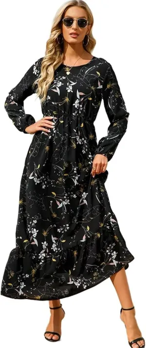 GUOYUXIAO Women's Dress Long Sleeves High Waist Printed Skirt