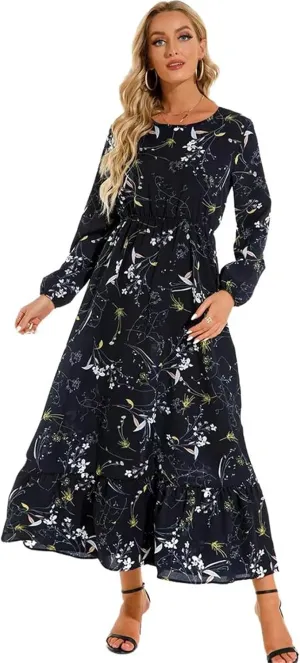 GUOYUXIAO Women's Dress Long Sleeves High Waist Printed Skirt