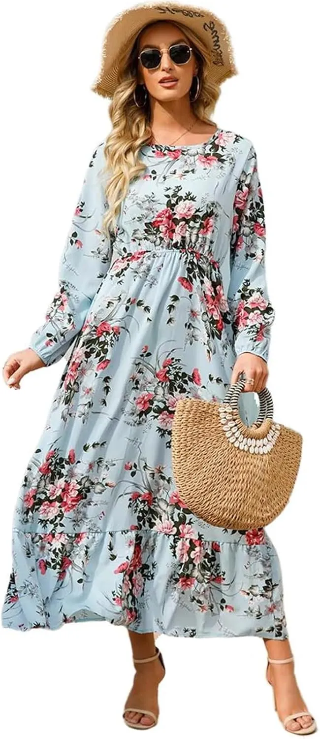 GUOYUXIAO Women's Dress Long Sleeves High Waist Printed Skirt