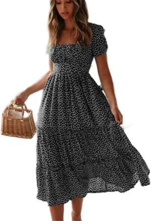 GUOYUXIAO Women's Vintage Dress Sleeves Square Collar Printed Skirt