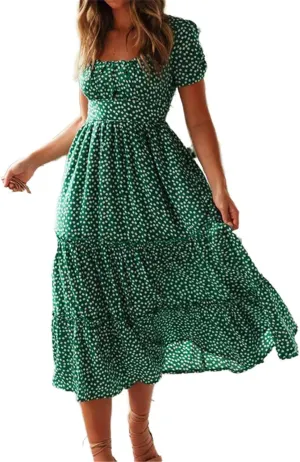 GUOYUXIAO Women's Vintage Dress Sleeves Square Collar Printed Skirt