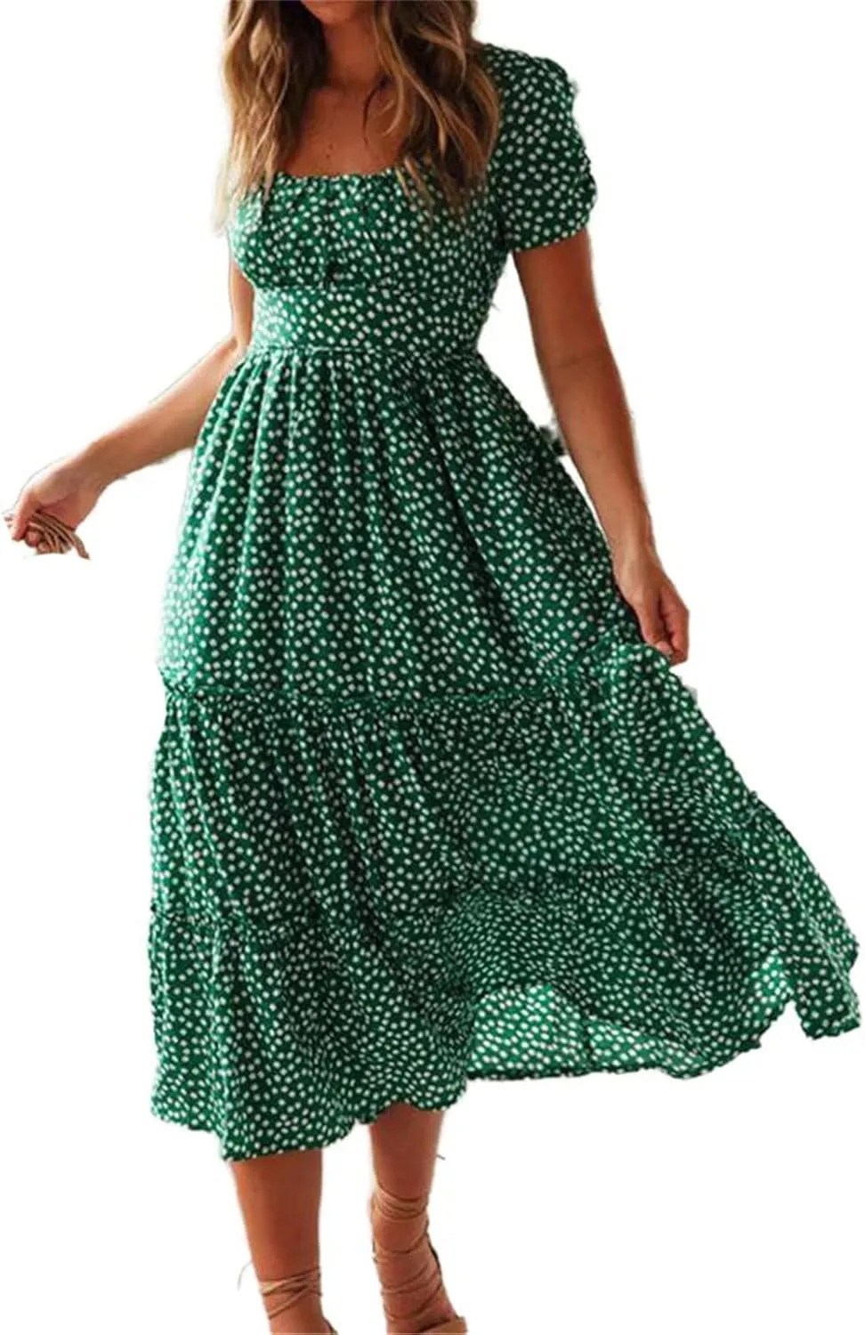 GUOYUXIAO Women's Vintage Dress Sleeves Square Collar Printed Skirt