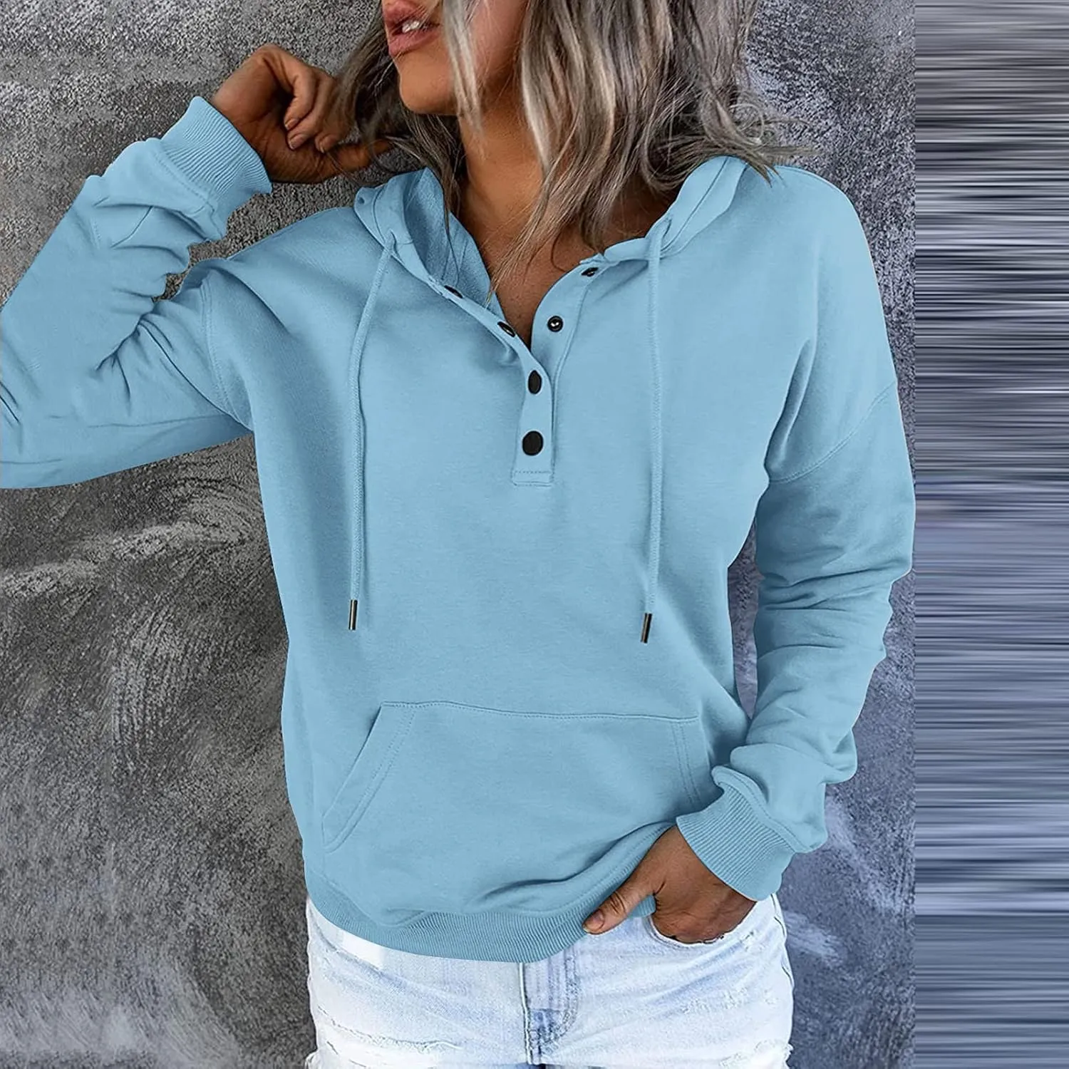 Half Button Pullover Hoodies for Women,Plus Size Soild Fleece Long Sleeve Kangaroo Pocket Winter Sweatshirt Tops