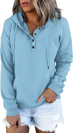 Half Button Pullover Hoodies for Women,Plus Size Soild Fleece Long Sleeve Kangaroo Pocket Winter Sweatshirt Tops
