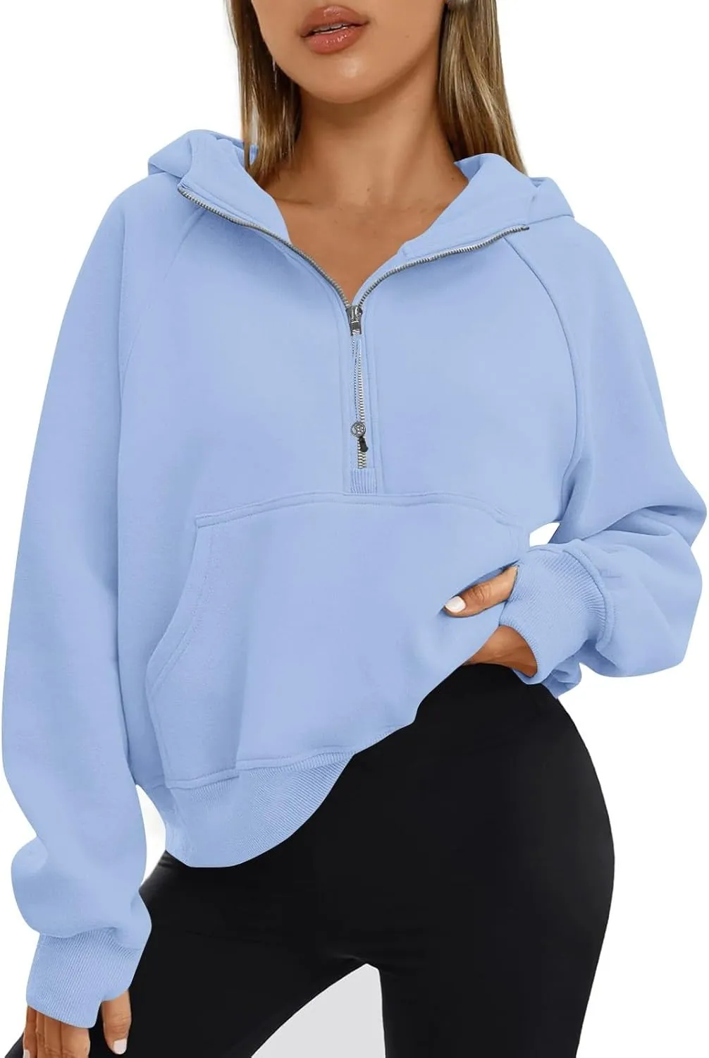 Half Zip Hoodie Cropped Fleece Sweatshirts for Women Oversized Stand Collar Thumb Hole Comfy Pullover Hoodies