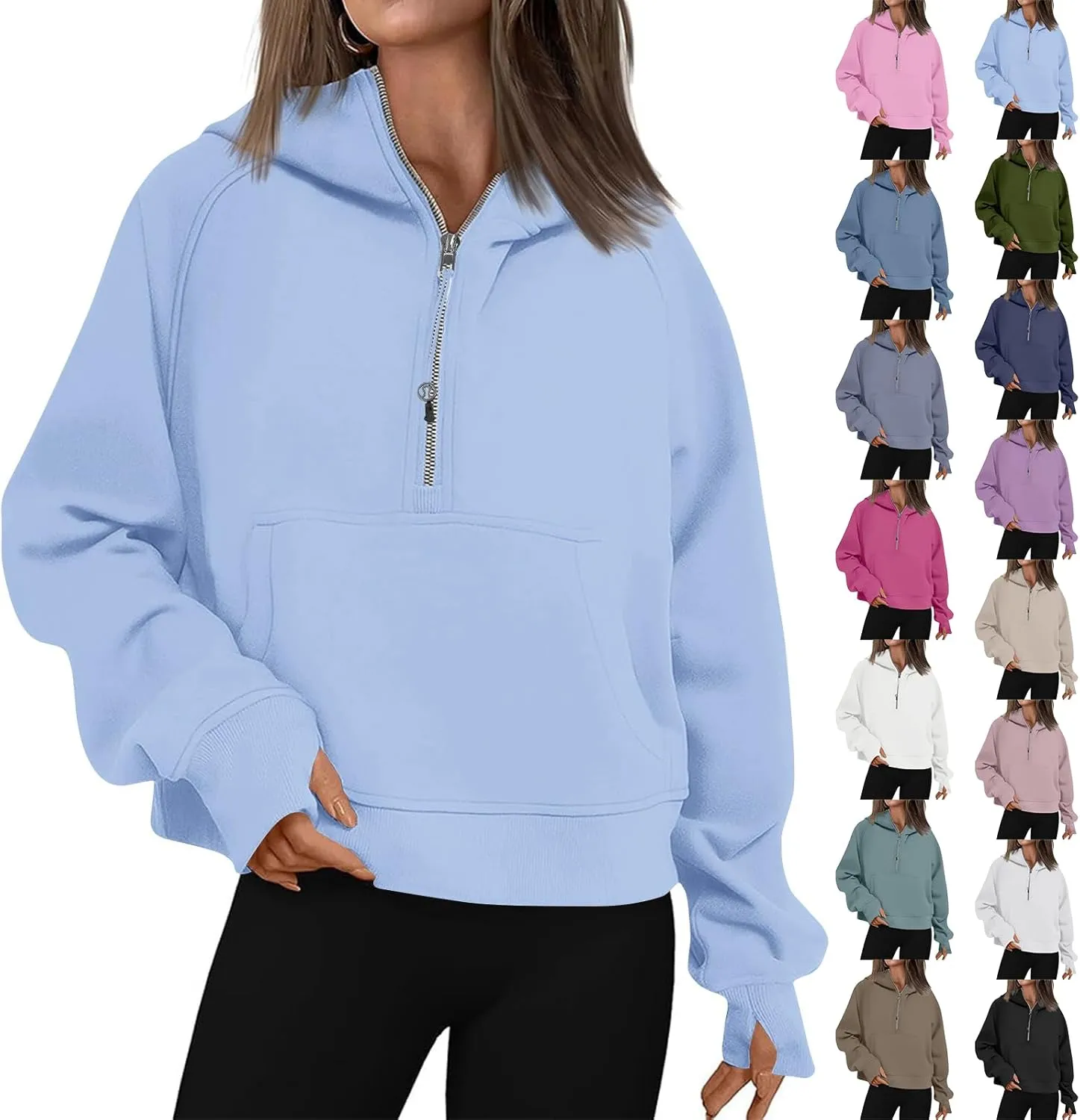 Half Zip Hoodie Cropped Fleece Sweatshirts for Women Oversized Stand Collar Thumb Hole Comfy Pullover Hoodies