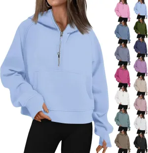Half Zip Hoodie Cropped Fleece Sweatshirts for Women Oversized Stand Collar Thumb Hole Comfy Pullover Hoodies