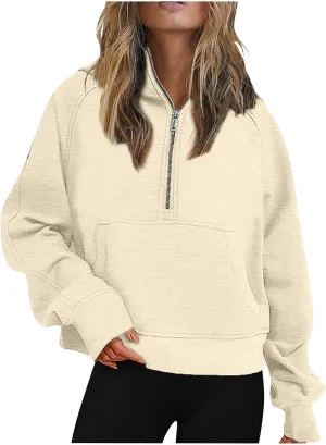 Half Zip Pullover Women Y2K Streetwear 2023 Fall Fashion Hoodies Long Sleeve Fleece Cropped Sweatshirts with Pockets