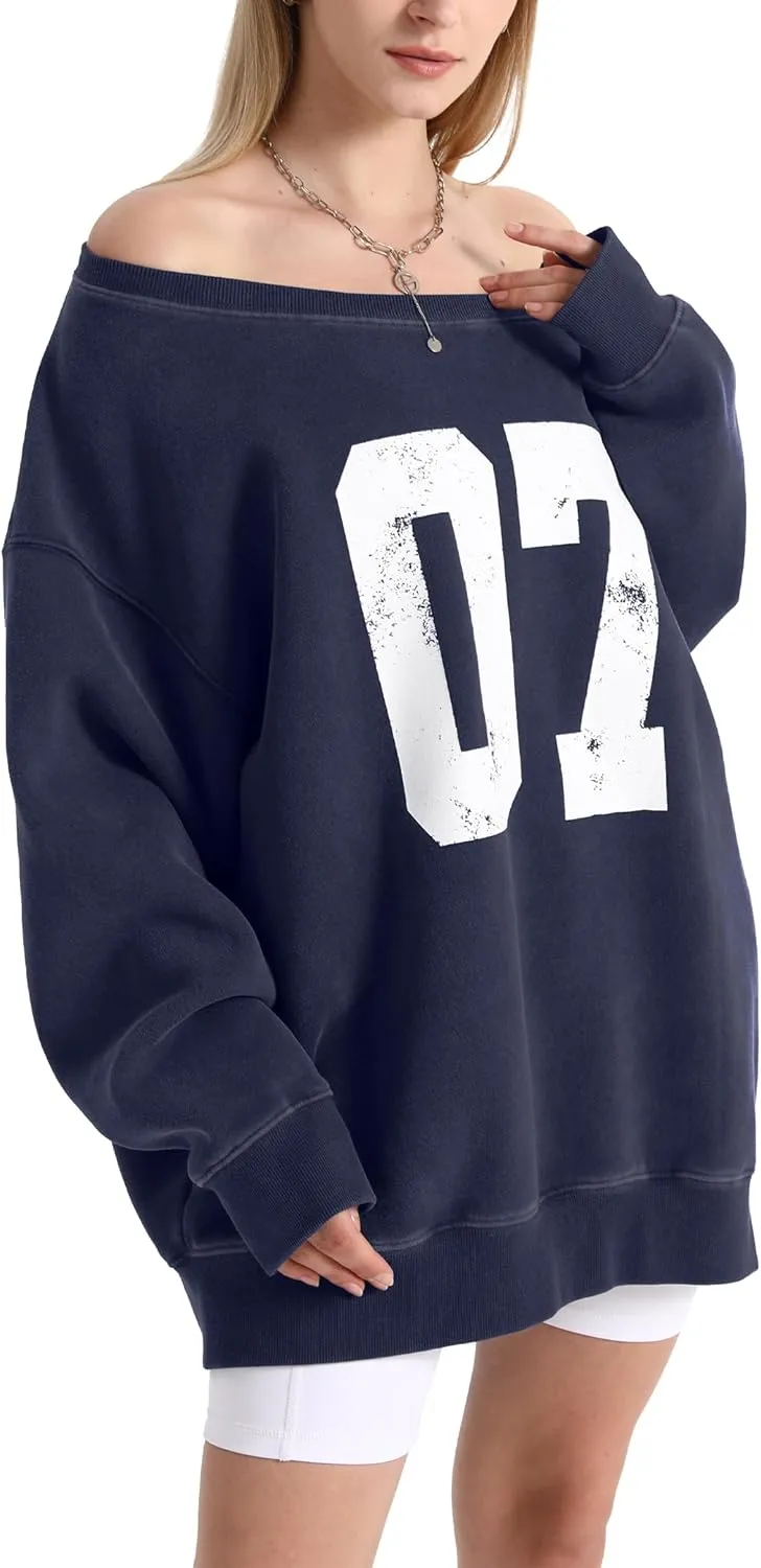 Hatant Off the Shoulder Sweatshirts Womens Graphic Hoodies Jersey Sweatshirts Off Shoulder Sweat Pullover Hoodies for Women