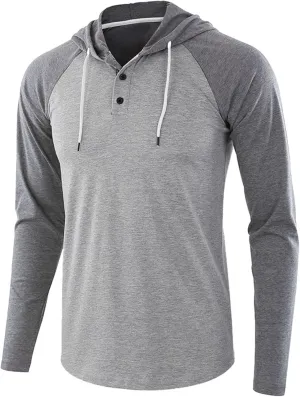 Henley Hoodies for Men Casual Raglan Long Sleeve Jersey Hooded Slim Fit Color Block T Shirts Lightweight Sweatshirt