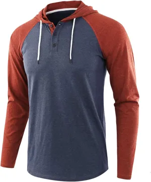 Henley Hoodies for Men Casual Raglan Long Sleeve Jersey Hooded Slim Fit Color Block T Shirts Lightweight Sweatshirt