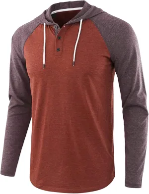 Henley Hoodies for Men Casual Raglan Long Sleeve Jersey Hooded Slim Fit Color Block T Shirts Lightweight Sweatshirt