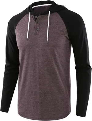 Henley Hoodies for Men Casual Raglan Long Sleeve Jersey Hooded Slim Fit Color Block T Shirts Lightweight Sweatshirt