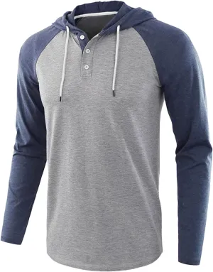 Henley Hoodies for Men Casual Raglan Long Sleeve Jersey Hooded Slim Fit Color Block T Shirts Lightweight Sweatshirt