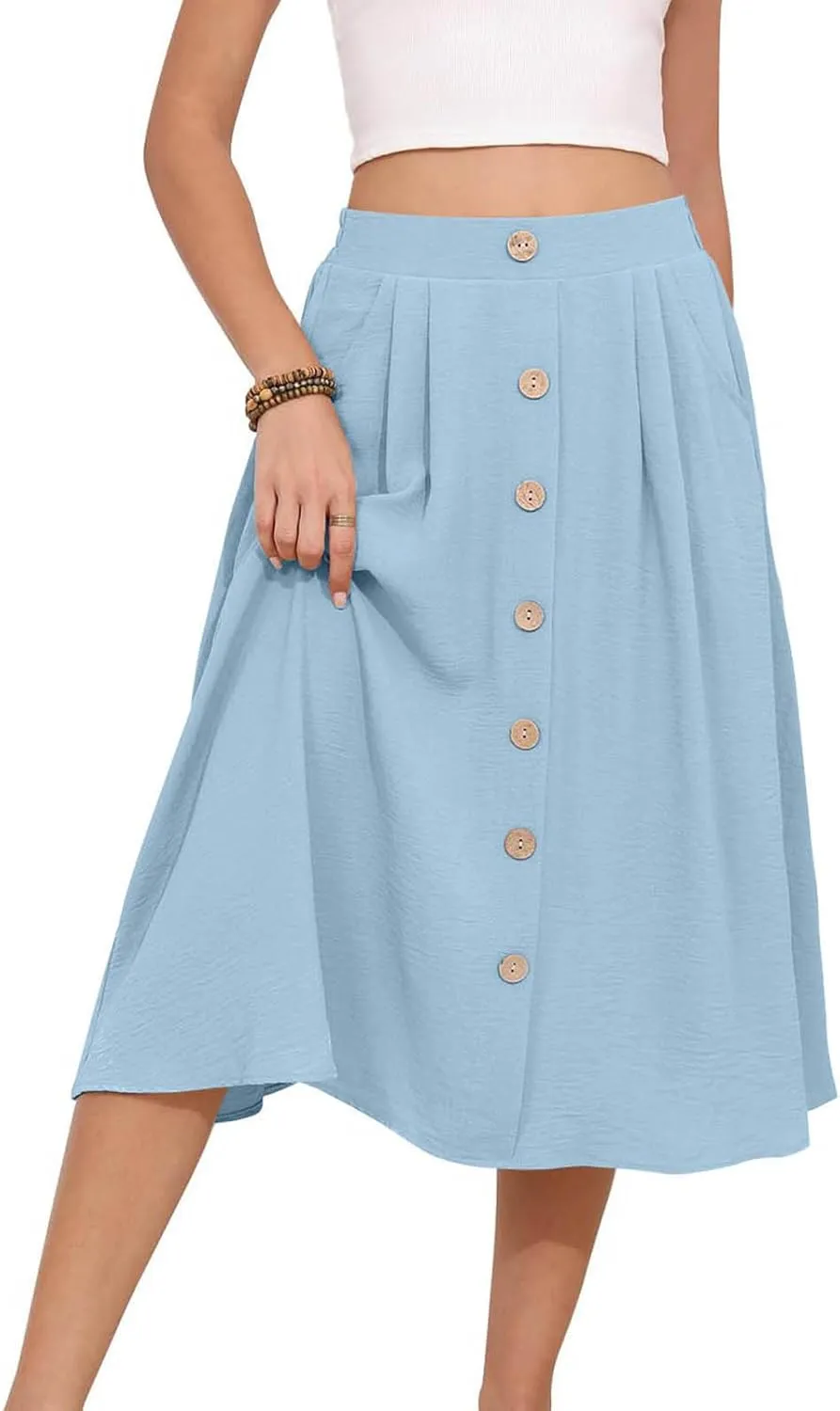 HGps8w Women's 2025 Summer Pleated Midi Skirt, Trendy Casual Button Front Swing A-Line High Waisted Skirts with Pockets