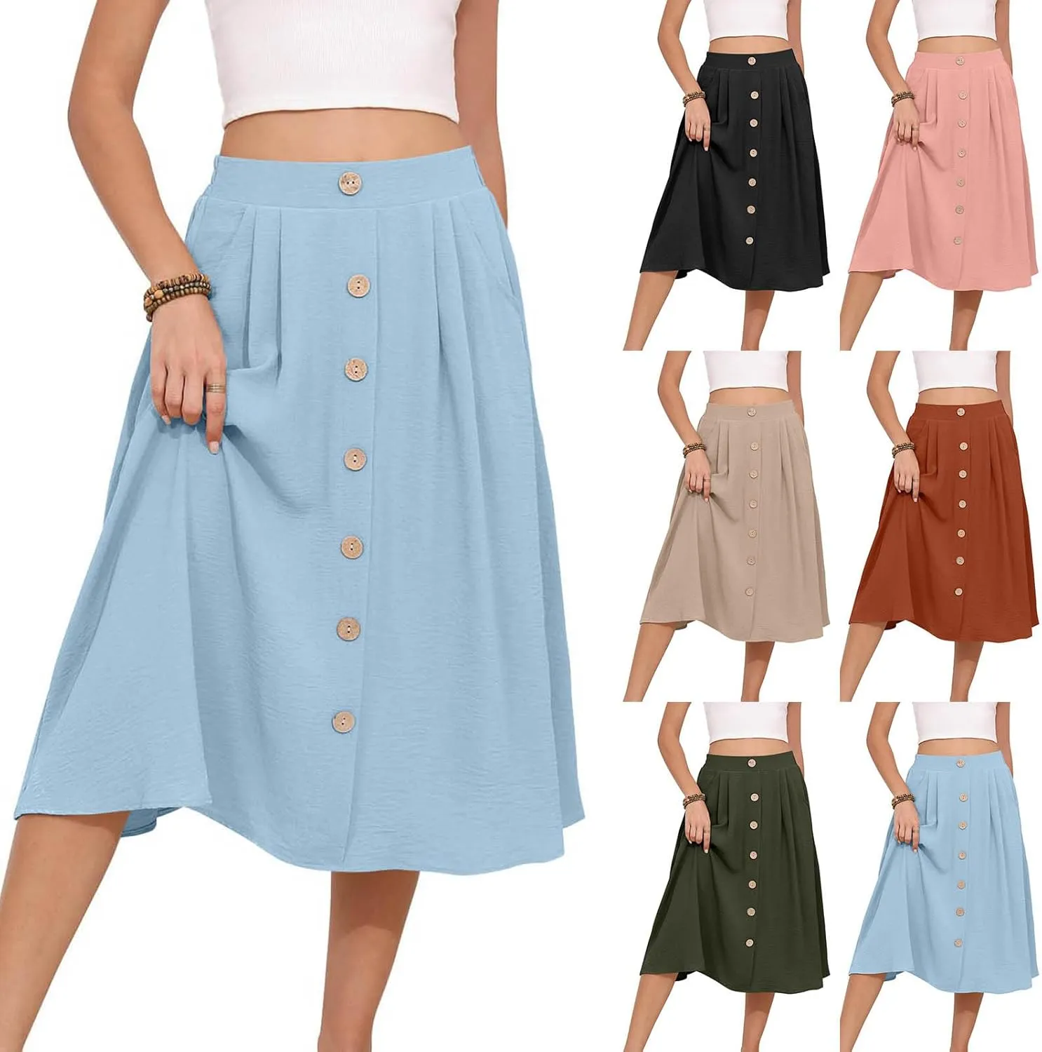 HGps8w Women's 2025 Summer Pleated Midi Skirt, Trendy Casual Button Front Swing A-Line High Waisted Skirts with Pockets