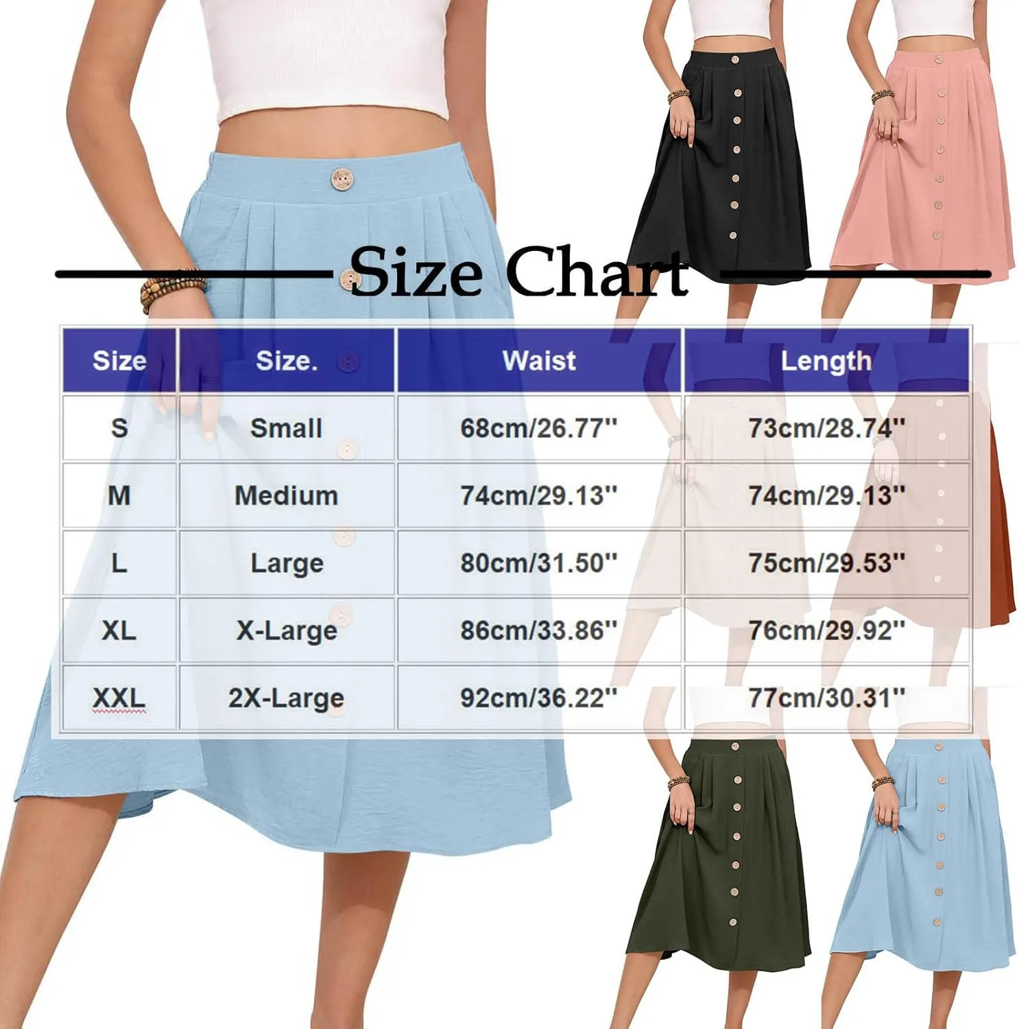 HGps8w Women's 2025 Summer Pleated Midi Skirt, Trendy Casual Button Front Swing A-Line High Waisted Skirts with Pockets
