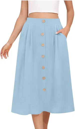 HGps8w Women's 2025 Summer Pleated Midi Skirt, Trendy Casual Button Front Swing A-Line High Waisted Skirts with Pockets