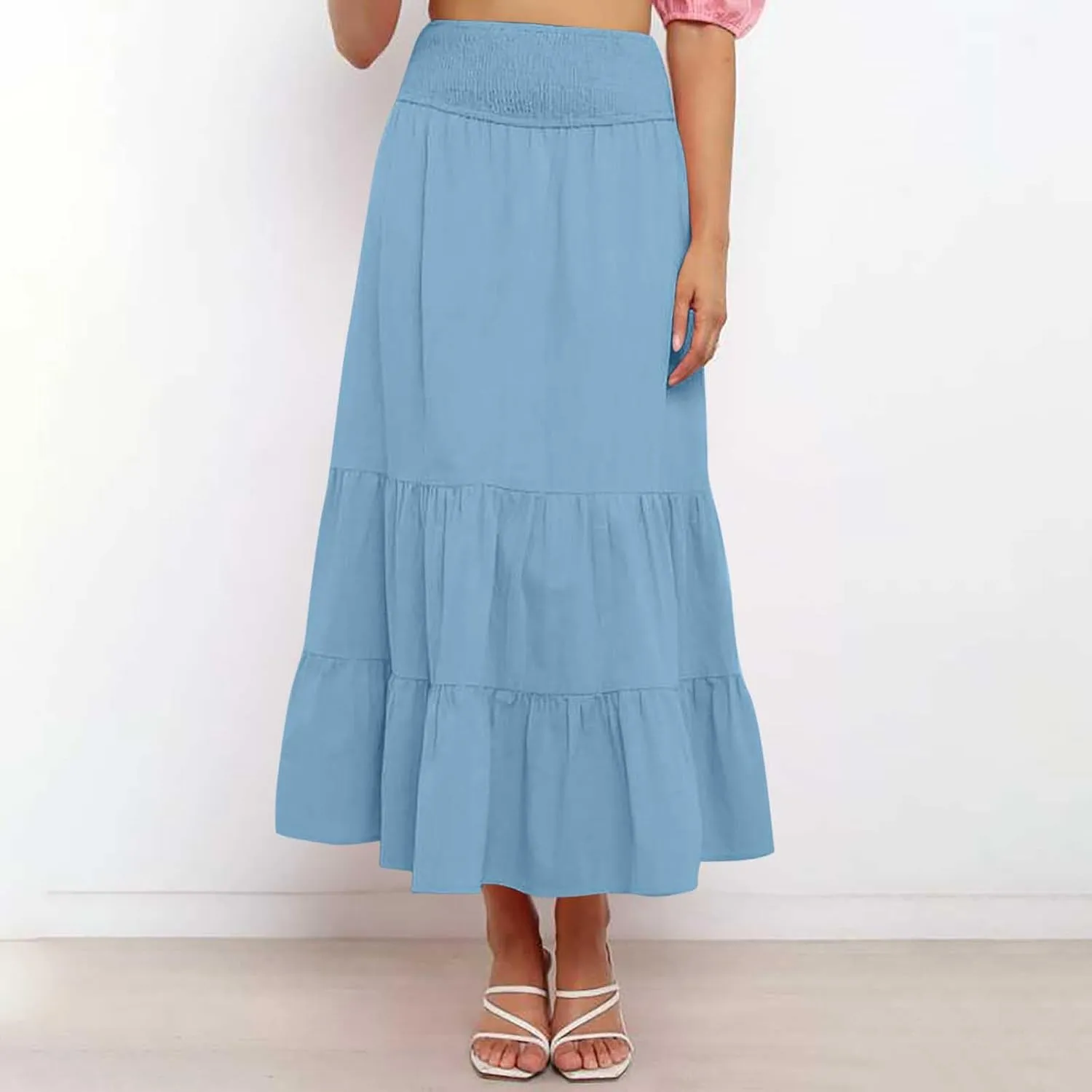 HGps8w Women's Flowy Ruffle Tiered Long Skirt, Casual Smocked Elastic High Waisted 2025 Summer A-Line Boho Maxi Skirts