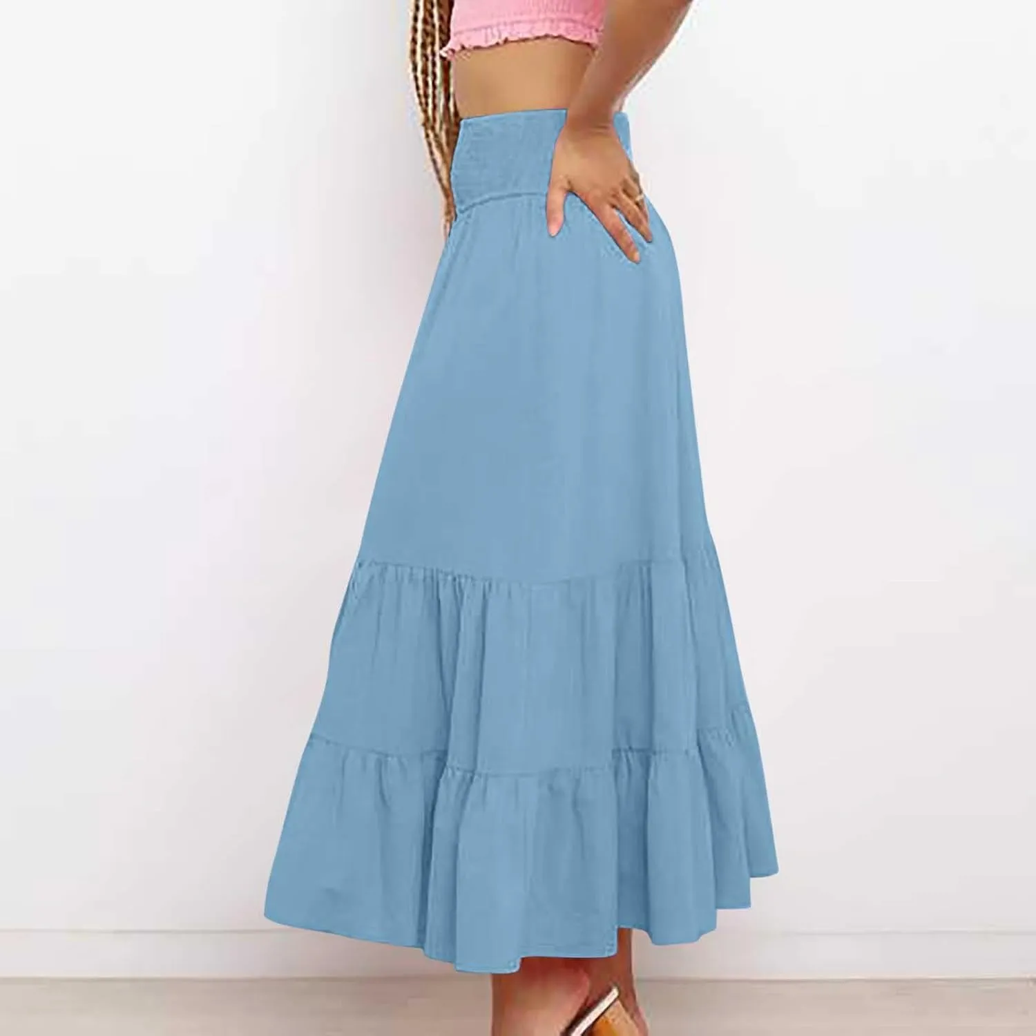 HGps8w Women's Flowy Ruffle Tiered Long Skirt, Casual Smocked Elastic High Waisted 2025 Summer A-Line Boho Maxi Skirts