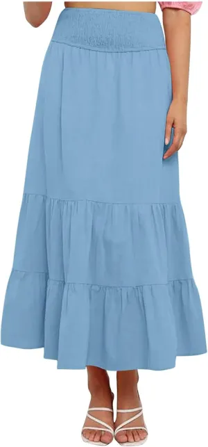 HGps8w Women's Flowy Ruffle Tiered Long Skirt, Casual Smocked Elastic High Waisted 2025 Summer A-Line Boho Maxi Skirts