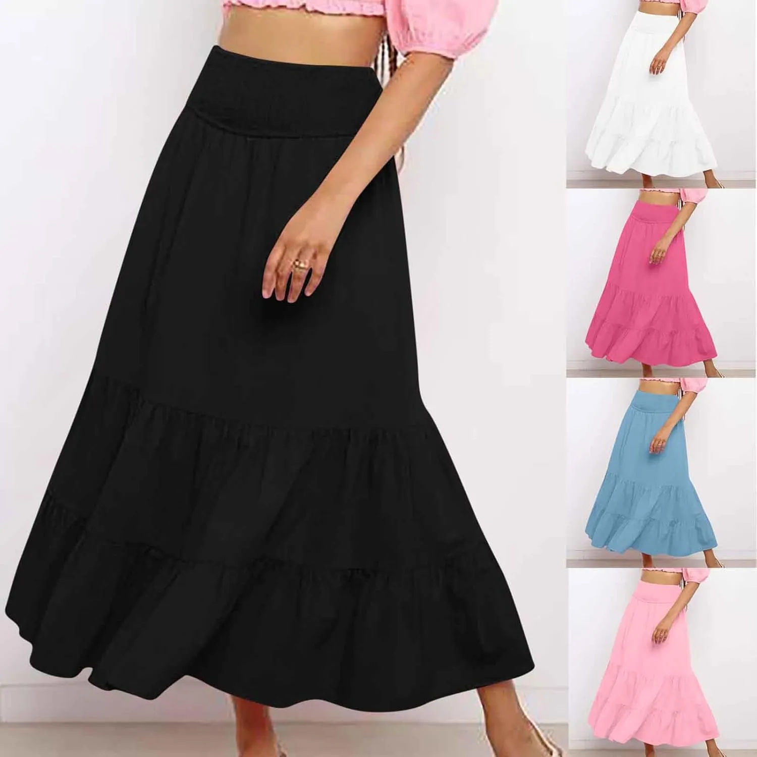HGps8w Women's Flowy Ruffle Tiered Long Skirt, Casual Smocked Elastic High Waisted 2025 Summer A-Line Boho Maxi Skirts