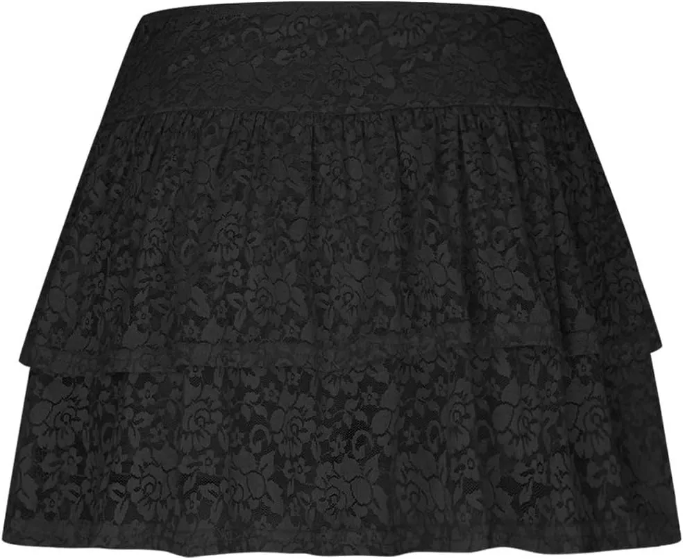 HGps8w Women's Y2K Pleated Layered Mini Skirt Sexy Lace High Waisted Ruffles Flowy Short Lingerie Skirts