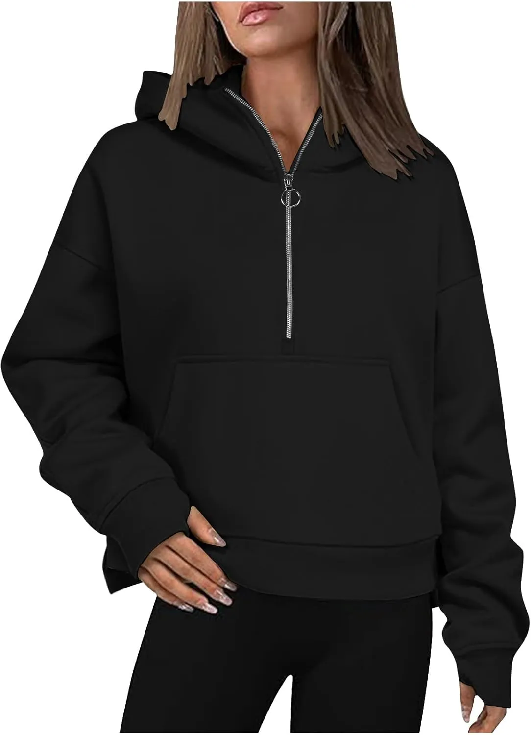Hoodies for Women Cropped Half Zip Long Sleeve Pullover Tops Fashion Fall Fleece Zip Sweater Blouses With Pccket
