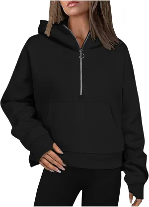 Hoodies for Women Cropped Half Zip Long Sleeve Pullover Tops Fashion Fall Fleece Zip Sweater Blouses With Pccket