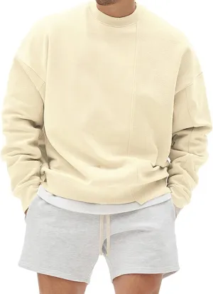 JEsilunmaMY Men's French Terry Sweatshirt Long Sleeve Crewneck Pullover Sweater Tops Solid Color Casual Loose Sport Jumper