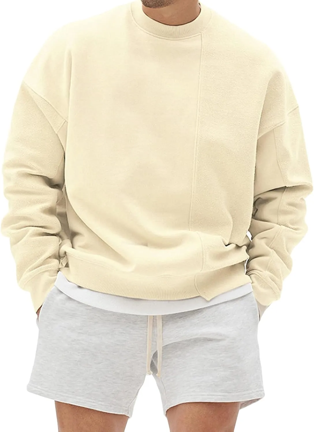 JEsilunmaMY Men's French Terry Sweatshirt Long Sleeve Crewneck Pullover Sweater Tops Solid Color Casual Loose Sport Jumper