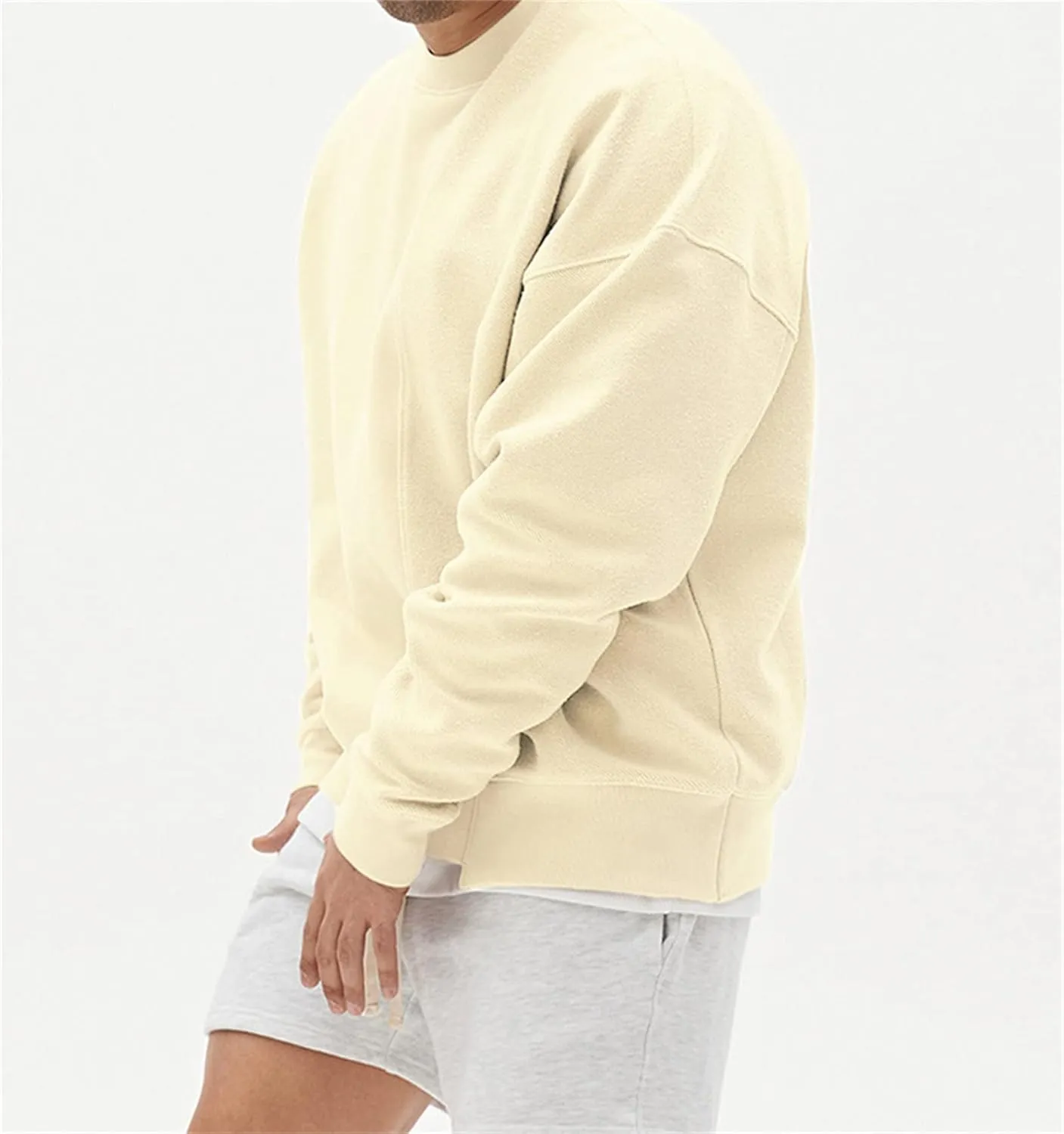 JEsilunmaMY Men's French Terry Sweatshirt Long Sleeve Crewneck Pullover Sweater Tops Solid Color Casual Loose Sport Jumper