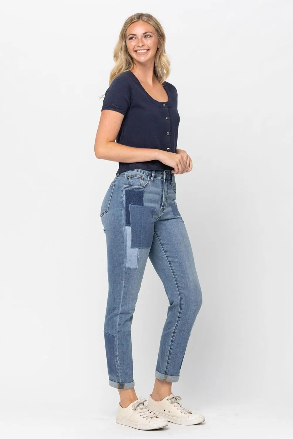 Judy Blue High Waist Double Rolled Cuff Patch Boyfriend Jeans for Women - 88499