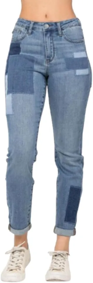 Judy Blue High Waist Double Rolled Cuff Patch Boyfriend Jeans for Women - 88499