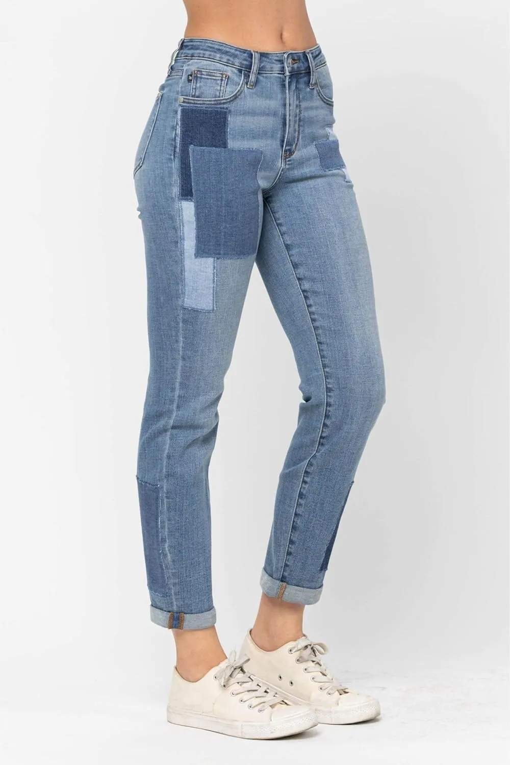 Judy Blue High Waist Double Rolled Cuff Patch Boyfriend Jeans for Women - 88499