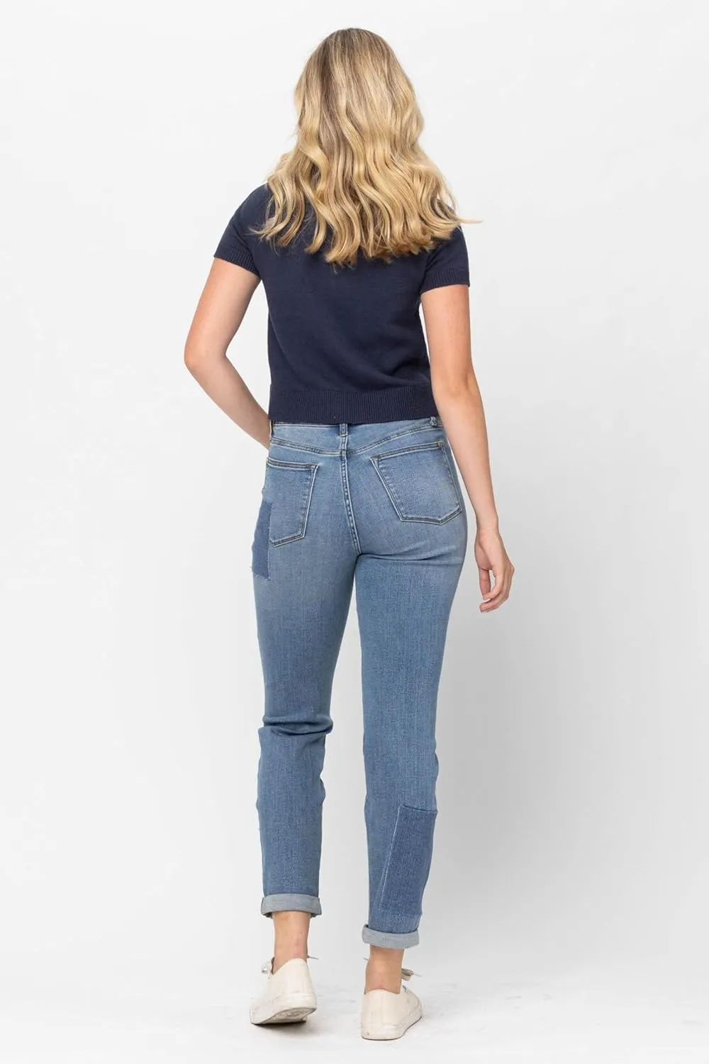 Judy Blue High Waist Double Rolled Cuff Patch Boyfriend Jeans for Women - 88499
